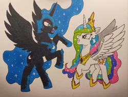 Size: 3889x2956 | Tagged: safe, artist:aking, imported from derpibooru, nightmare moon, princess celestia, alicorn, pony, marker drawing, simple background, spread wings, traditional art, white background, wings
