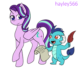 Size: 2448x2213 | Tagged: safe, artist:hayley566, imported from derpibooru, princess ember, starlight glimmer, alicorn, dragon, pony, series:redemptiverse, alicornified, alternate universe, dragoness, duo, female, paper, quill, race swap, role reversal, simple background, smiling, starlicorn, transparent background