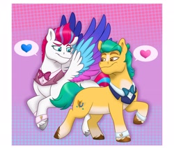 Size: 2793x2370 | Tagged: safe, artist:bella-pink-savage, imported from derpibooru, hitch trailblazer, zipp storm, earth pony, pegasus, pony, spoiler:g5, spoiler:my little pony: tell your tale, spoiler:tyts01e32, baby critters, bowtie, clothes, female, g5, heart, hitchzipp, looking at each other, looking at someone, male, mare, my little pony: tell your tale, shipping, spread wings, stallion, straight, tuxedo, wings