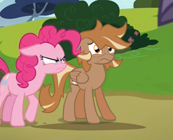 Size: 640x518 | Tagged: safe, artist:foxtrnal, edit, edited screencap, imported from derpibooru, screencap, pinkie pie, oc, oc:amber wings, oc:max, earth pony, pegasus, rock solid friendship, duo, duo male and female, female, male, mare, pegasus oc, reddit, screenshot redraw, stallion, uncomfortable