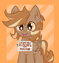 Size: 320x341 | Tagged: safe, artist:foxtrnal, imported from derpibooru, oc, oc only, oc:amber wings, oc:max, pegasus, alternate versions at source, ear fluff, frame, freckles, male, pegasus oc, reddit, sign, solo, stallion, striped background