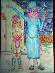 Size: 3072x4096 | Tagged: safe, artist:mildgyth, derpibooru exclusive, imported from derpibooru, pinkie pie, oc, oc:spongecake, anthro, classical hippogriff, hippogriff, ziragshabdarverse, armor, bag, clothes, costume, crescent moon, dress, duo, duo female, female, full body, halloween, hat, high res, holding, holiday, linothorax, looking at you, mlp fim's twelfth anniversary, moon, night, nightmare night costume, open mouth, open smile, outdoors, raised arm, smiling, smiling at you, standing, traditional art, trick or treat, wand, witch hat