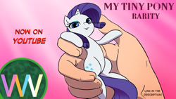 Size: 1280x720 | Tagged: safe, artist:doublewbrothers, imported from derpibooru, rarity, human, pony, unicorn, 2021, cute, hand, in goliath's palm, micro, my tiny pony, old art, raribetes, size difference, tiny, tiny ponies, youtube thumbnail