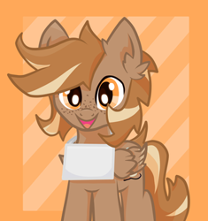 Size: 320x341 | Tagged: safe, alternate version, artist:foxtrnal, imported from derpibooru, oc, oc only, oc:amber wings, oc:max, pegasus, alternate versions at source, ear fluff, frame, freckles, male, pegasus oc, reddit, sign, solo, stallion, striped background, textless version