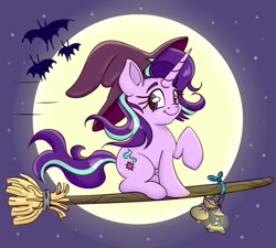 Size: 1000x900 | Tagged: safe, artist:nedemai, imported from derpibooru, starlight glimmer, bat, unicorn, broom, flying, flying broomstick, hat, lantern, moon, nightmare night, solo, witch hat