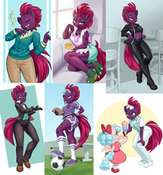 Size: 2000x2144 | Tagged: safe, artist:dstears, imported from derpibooru, part of a set, cozy glow, fizzlepop berrytwist, tempest shadow, anthro, plantigrade anthro, unicorn, anthrofied, belly button, belt, blowing whistle, breasts, broken horn, clipboard, clothes, compilation, cute, eye scar, eyes closed, facial scar, female, football, gloves, grass, gym teacher tempest, horn, mare, midriff, mouth hold, open mouth, ponytones outfit, reasonably sized breasts, scar, school of friendship, sexy, shoes, simple background, singing, socks, sports, suit, tail, tempestbetes, that pony sure does love whistles, visor cap, whistle, whistle necklace, wide hips