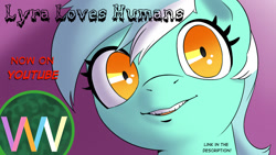 Size: 1280x720 | Tagged: safe, artist:doublewbrothers, imported from derpibooru, lyra heartstrings, pony, unicorn, 2021, creepy, creepy smile, humie, looking at you, old art, shrunken pupils, smiling, youtube thumbnail