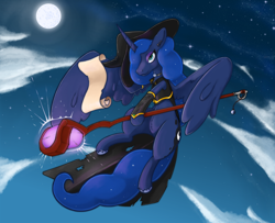 Size: 2000x1625 | Tagged: safe, artist:wild-thunder06, imported from derpibooru, princess luna, alicorn, pony, clothes, cloud, costume, female, flying, full moon, halloween, hat, holiday, lidded eyes, magic staff, mare, moon, night, nightmare night, scroll, solo, witch costume, witch hat