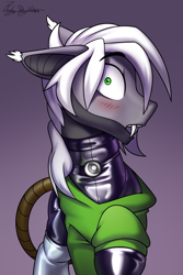 Size: 2000x3000 | Tagged: safe, artist:jedayskayvoker, imported from derpibooru, oc, oc only, hybrid, pony, bust, clothes, gradient background, hoodie, icon, latex, latex suit, looking at you, male, oc name needed, patreon, patreon reward, portrait, rubber, solo, stallion