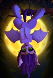 Size: 3489x5032 | Tagged: safe, artist:dinoalpaka, imported from derpibooru, pipp petals, bat pony, pony, bat ponified, fangs, female, g5, looking at you, mare, mlp fim's twelfth anniversary, open mouth, open smile, prehensile tail, race swap, slit pupils, smiling, solo, suspended, tail, upside down, wings