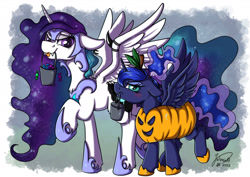 Size: 1920x1358 | Tagged: safe, artist:julunis14, imported from derpibooru, nightmare moon, princess celestia, princess luna, alicorn, pony, blushing, bucket, candy, clothes, costume, fangs, floppy ears, food, halloween, holiday, jack-o-lantern, luna is not amused, mouth hold, nightmare moon armor, pumpkin, royal sisters, siblings, sisters, tongue out, unamused