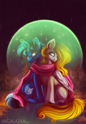 Size: 1280x1850 | Tagged: safe, artist:hagalazka, imported from derpibooru, oc, oc only, pegasus, pony, unicorn, clothes, force field, forest, glasses, rain, scarf, shared clothing, shared scarf