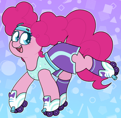 Size: 1206x1179 | Tagged: safe, artist:fluffytrashbin, imported from derpibooru, pinkie pie, earth pony, pony, clothes, female, open mouth, open smile, pinkie puffs, roller skates, smiling, solo