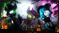 Size: 7680x4320 | Tagged: safe, artist:lagmanor, imported from derpibooru, oc, oc only, oc:lagmanor amell, oc:wintergleam, oc:xenia amata, bat, bat pony, original species, pony, timber pony, timber wolf, undead, unicorn, vampire, vampony, 3d, absurd file size, absurd resolution, bat ears, bat eyes, bat wings, blurry background, boots, braid, broom, candle, claws, clothes, fangs, female, fence, flower, flying, flying broomstick, forest, full moon, glasses, glowing, glowing eyes, glowing horn, gravestone, green eyes, halloween, hat, holding, holiday, horn, jack-o-lantern, lantern, lens flare, looking at you, magic, magic wand, male, mare, moon, moonlight, nebula, night, night sky, nightmare night, pine tree, pumpkin, raised eyebrow, raised leg, rose, round glasses, shoes, sky, smiling, smiling at you, smirk, source filmmaker, stallion, sword, telekinesis, tree, tree branch, weapon, wings, witch, witch hat