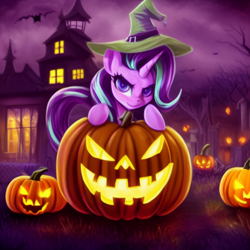 Size: 1024x1024 | Tagged: safe, imported from derpibooru, starlight glimmer, bat, pony, unicorn, ai content, ai generated, female, generator:pony diffusion v1, generator:stable diffusion, grin, halloween, hat, holiday, house, jack-o-lantern, looking at you, mansion, mare, prompter:siber, pumpkin, smiling, smiling at you, solo, witch hat