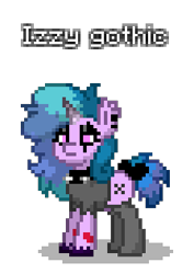 Size: 224x316 | Tagged: safe, artist:dematrix, imported from derpibooru, izzy moonbow, pony, unicorn, pony town, bedroom eyes, female, g5, goth, goth izzy, halloween, holiday, mare, mlp fim's twelfth anniversary, pixel art, simple background, solo, text, transparent background