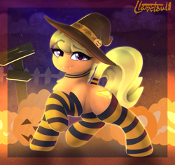 Size: 937x880 | Tagged: safe, artist:llametsul, imported from derpibooru, ms. harshwhinny, earth pony, pony, choker, clothes, cute, fangs, female, g4, halloween, hat, holiday, looking at you, mare, mlp fim's twelfth anniversary, ms. cutewhinny, nightmare night, pumpkin, signature, socks, solo, stockings, striped socks, thigh highs, witch hat