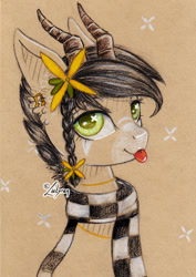 Size: 1024x1444 | Tagged: safe, artist:lailyren, imported from derpibooru, oc, oc only, oc:sound error, earth pony, pony, :p, clothes, ear piercing, earth pony oc, flower, flower in hair, horns, jewelry, piercing, scarf, solo, tongue out, traditional art