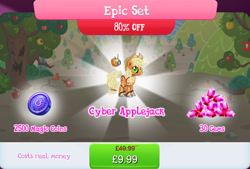 Size: 1264x856 | Tagged: safe, imported from derpibooru, applejack, earth pony, pony, robot, robot pony, antennae, applebot, bundle, camera, costs real money, english, female, gameloft, gem, magic coins, mare, numbers, official, roboticization, sale, solo, solo focus, text, tree
