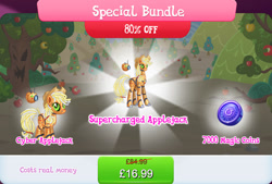 Size: 1267x854 | Tagged: safe, imported from derpibooru, applejack, earth pony, pony, robot, robot pony, antennae, applebot, bundle, camera, costs real money, duality, english, female, gameloft, height difference, magic coins, mare, numbers, official, roboticization, sale, solo, solo focus, text, tree