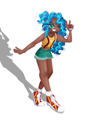 Size: 840x1080 | Tagged: safe, artist:windywendy29, imported from derpibooru, human, equestria girls, alternate hairstyle, bare shoulders, clothes, clothes swap, converse, cosplay, costume, cute, dark skin, female, g5, grin, halloween, holiday, humanized, misty (pokémon), misty brightdawn, mistybetes, namesake, one eye closed, peace sign, poké ball, pokémon, pun, shoes, shorts, simple background, sleeveless, smiling, socks, solo, suspenders, tanktop, visual pun, white background, wink