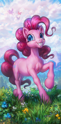 Size: 2103x4290 | Tagged: safe, artist:elesteyzis, imported from derpibooru, pinkie pie, earth pony, pegasus, pony, cloud, female, flower, flying, mare, realistic horse legs, smiling, solo focus