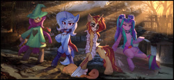 Size: 3016x1387 | Tagged: safe, artist:anti1mozg, artist:breakdream, artist:foxpit, artist:ramiras, imported from derpibooru, aria blaze, sunset shimmer, trixie, earth pony, pony, undead, unicorn, vampire, bipedal, clothes, collaboration, costume, female, group, mare