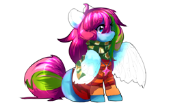 Size: 4000x2500 | Tagged: safe, artist:nova19, imported from derpibooru, oc, oc only, oc:media smile, pegasus, clothes, glowing, glowing ears, glowing wings, pegasus oc, simple background, sitting, solo, white background, wings