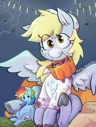 Size: 1152x1527 | Tagged: safe, artist:gay_smilesss, imported from derpibooru, derpy hooves, rainbow dash, pegasus, pony, spider, fanfic:rainbow factory, clothes, costume, fake blood, fanfic art, halloween, halloween costume, holiday, plushie, sitting, trick or treat