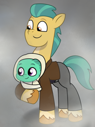 Size: 2048x2732 | Tagged: safe, artist:awgear, imported from derpibooru, hitch trailblazer, dragon, earth pony, pony, baby, baby dragon, cheryl mason, clothes, costume, father and child, father and son, fog, g5, halloween, halloween costume, harry mason, holiday, konami, male, mlp fim's twelfth anniversary, my little pony: tell your tale, nightmare night, papa hitch, show accurate, silent hill, sparky sparkeroni, stallion