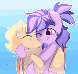Size: 720x676 | Tagged: safe, artist:angrylittlerodent, imported from derpibooru, oc, oc only, oc:marshmallow love, oc:pudding, bat pony, pony, animated, cuddling, cute, ear piercing, earring, freckles, gif, gradient background, half body, heart, heart eyes, hug, jewelry, nuzzling, one eye open, piercing, ponytail, smiling, snuggling, wingding eyes, winghug, wings