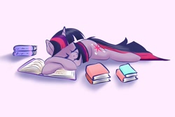 Size: 1500x1000 | Tagged: safe, artist:jen-neigh, imported from derpibooru, twilight sparkle, pony, unicorn, book, female, lying down, mare, simple background, sleeping, solo, that pony sure does love books, unicorn twilight