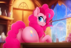 Size: 2073x1382 | Tagged: safe, editor:craft, imported from derpibooru, pinkie pie, earth pony, pony, ai content, ai generated, balloonbutt, butt, dock, generator:stable diffusion, grin, looking at you, looking back, looking back at you, plot, smiling, solo, tail