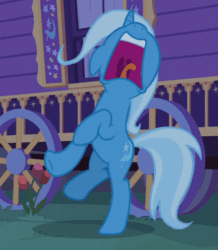 Size: 558x640 | Tagged: safe, imported from derpibooru, screencap, trixie, pony, unicorn, season 6, to where and back again, animated, bipedal, cropped, female, freakout, g4, gif, hoofy-kicks, mare, open mouth, solo, trixie's wagon, volumetric mouth, wagon