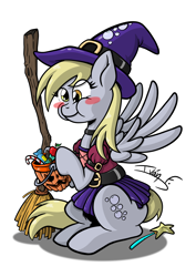 Size: 3508x4961 | Tagged: safe, artist:memprices, imported from derpibooru, derpy hooves, pegasus, pony, apple, belt, blush sticker, blushing, broom, candy, christmas candy cane, clothes, cross-eyed, cute, derpabetes, food, hat, high res, mlp fim's twelfth anniversary, munching, pumpkin bucket, simple background, sitting, skirt, spread wings, wand, white background, wings, witch costume, witch hat