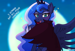 Size: 1920x1305 | Tagged: safe, artist:tsudashie, imported from derpibooru, princess luna, alicorn, pony, undead, vampire, vampony, clothes, fangs, halloween, holiday, jewelry, looking at you, mlp fim's twelfth anniversary, moon, night, robe, smiling, solo, sparkles, spread wings, text, wings