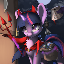 Size: 3000x3000 | Tagged: safe, artist:skitsroom, imported from derpibooru, twilight sparkle, pony, spider, unicorn, bag, book, candy, cape, chloroform, clothes, costume, cuffs, cute, devil horns, eyebrows, eyebrows visible through hair, fake horns, female, food, full moon, glowing, glowing horn, grenade, halloween, halloween costume, horn, horns, knife, magic, magic aura, mare, moon, night, pitchfork, signature, solo, telekinesis, trident, twiabetes, unicorn twilight