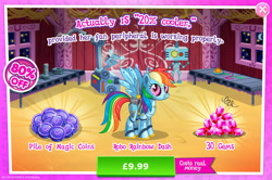 Size: 1958x1300 | Tagged: safe, imported from derpibooru, rainbow dash, pegasus, pony, robot, robot pony, 20% cooler, advertisement, antennae, camera, costs real money, english, fan, female, gameloft, gem, magic coins, mare, numbers, official, pun, rainbot dash, roboticization, sale, solo, solo focus, spread wings, text, wings