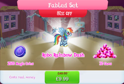 Size: 1268x860 | Tagged: safe, imported from derpibooru, rainbow dash, pegasus, pony, robot, robot pony, antennae, bundle, camera, costs real money, english, fan, female, gameloft, gem, magic coins, mare, numbers, official, rainbot dash, roboticization, sale, solo, solo focus, spread wings, text, wings