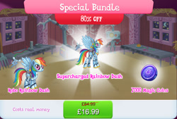 Size: 1270x858 | Tagged: safe, imported from derpibooru, rainbow dash, pegasus, pony, robot, robot pony, antennae, bundle, camera, costs real money, duality, english, fan, female, gameloft, height difference, magic coins, mare, numbers, official, rainbot dash, roboticization, sale, spread wings, text, wings