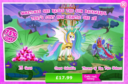 Size: 1958x1296 | Tagged: safe, imported from derpibooru, princess celestia, alicorn, pony, advertisement, armor, bat wings, bush, chaos, costs real money, crown, english, female, gameloft, gem, horn, jewelry, mare, numbers, official, regalia, spread wings, text, throne, throne room, water, wings