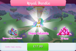 Size: 1264x860 | Tagged: safe, imported from derpibooru, princess celestia, alicorn, pony, armor, bat wings, bundle, bush, chaos, costs real money, crown, english, female, gameloft, gem, horn, jewelry, mare, numbers, official, regalia, spread wings, text, throne, throne room, water, wings