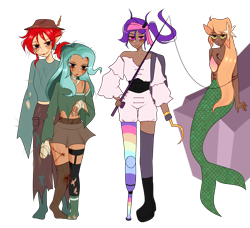 Size: 6912x6300 | Tagged: safe, artist:idkhesoff, imported from derpibooru, oc, oc only, oc:doodles, oc:iris sparkler, oc:oodles, oc:spring mint, human, mermaid, starfish, undead, zombie, absurd resolution, alternate hairstyle, amputee, bandage, bandana, bikini, blood, blushing, boots, bra, bra strap, clothes, corset, costume, denim, elf ears, feather, female, fishing hook, fishing rod, grin, halloween, halloween costume, hat, hay, holiday, hook, hook hand, horn, horned humanization, humanized, humanized oc, jeans, midriff, pants, peg leg, pirate, prosthetic leg, prosthetic limb, prosthetics, ripped stockings, rock, scar, scarecrow, shirt, shoes, shorts, simple background, skirt, smiling, socks, stitches, stockings, straw, swimsuit, thigh highs, torn clothes, torn socks, transparent background, underwear, wall of tags