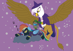 Size: 3508x2480 | Tagged: safe, artist:jack-varus, imported from derpibooru, gilda, rainbow dash, griffon, pegasus, pony, clothes, cloud, costume, female, mlp fim's twelfth anniversary, night, nightmare night, prank, shadowbolt dash, simple background, sleeping