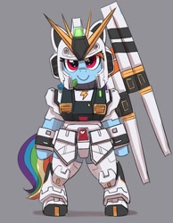 Size: 933x1200 | Tagged: safe, artist:pabbley, imported from derpibooru, rainbow dash, pegasus, pony, bipedal, clothes, cosplay, costume, female, funels, gray background, gundam, mare, nu gundam, rx-93 v gundam, simple background, smiling, solo