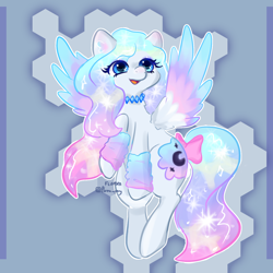 Size: 1280x1280 | Tagged: safe, artist:florka, imported from derpibooru, oc, oc only, pegasus, pony, bow, cosmic, cute, female, hoofband, mare, pegasus oc, shiny, shiny mane, solo, spread wings, tail, tail bow, wings