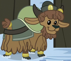 Size: 380x328 | Tagged: safe, imported from derpibooru, screencap, yak, party pooped, calf, cloven hooves, cropped, dot eyes, female, hat, horns, looking at you, short tail, snow, solo, tail, yak calf, yona's sister