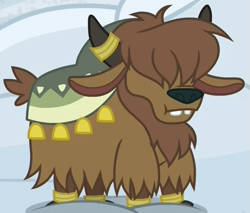 Size: 715x610 | Tagged: safe, imported from derpibooru, screencap, yak, not asking for trouble, calf, cropped, hair over eyes, horns, male, short tail, snow, solo, tail, teeth, yak calf, yona's brother