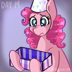 Size: 1080x1080 | Tagged: safe, artist:flutterpawss, imported from derpibooru, pinkie pie, earth pony, pony, eyelashes, female, frown, hat, inktober 2022, mare, party hat, present, sad, solo