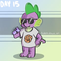 Size: 1080x1080 | Tagged: safe, artist:flutterpawss, imported from derpibooru, spike, dragon, abstract background, clothes, drinking, glasses, inktober 2022, male, shirt, solo, sunglasses